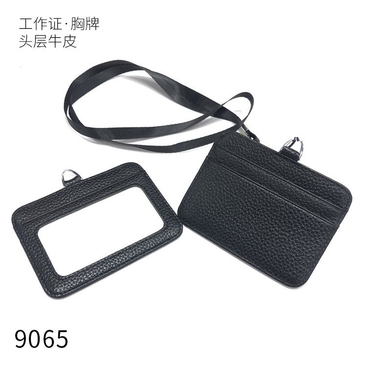 Leather Work Card Id Card Set With Lanyard Men'S Bus Card Bag Women'S Cowhide Small Access Protection Set - Image 2